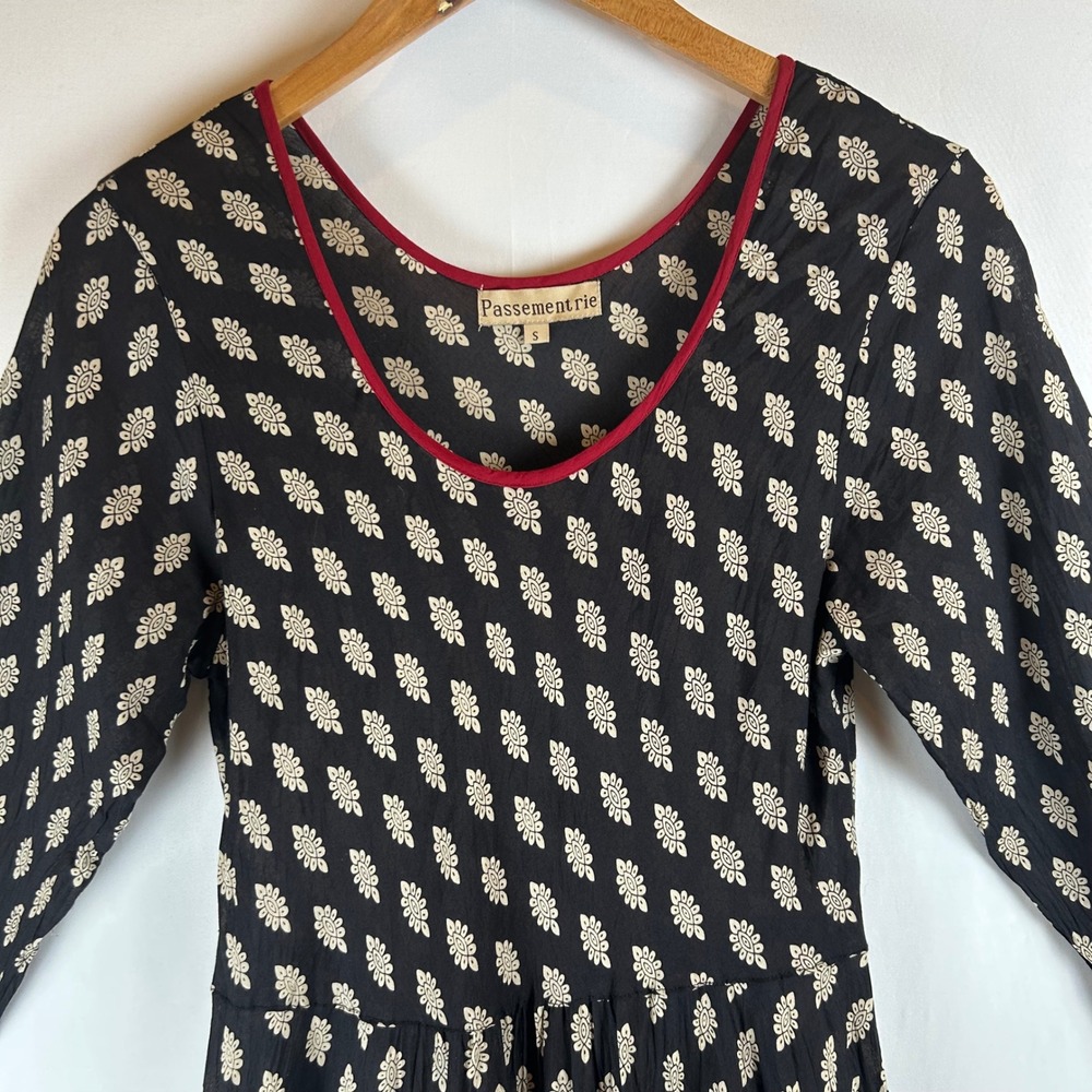 Passementrie Womens Black Sante Fe Tiered Midi Dress 3/4 Sleeve Small Boho - Picture 4 of 9